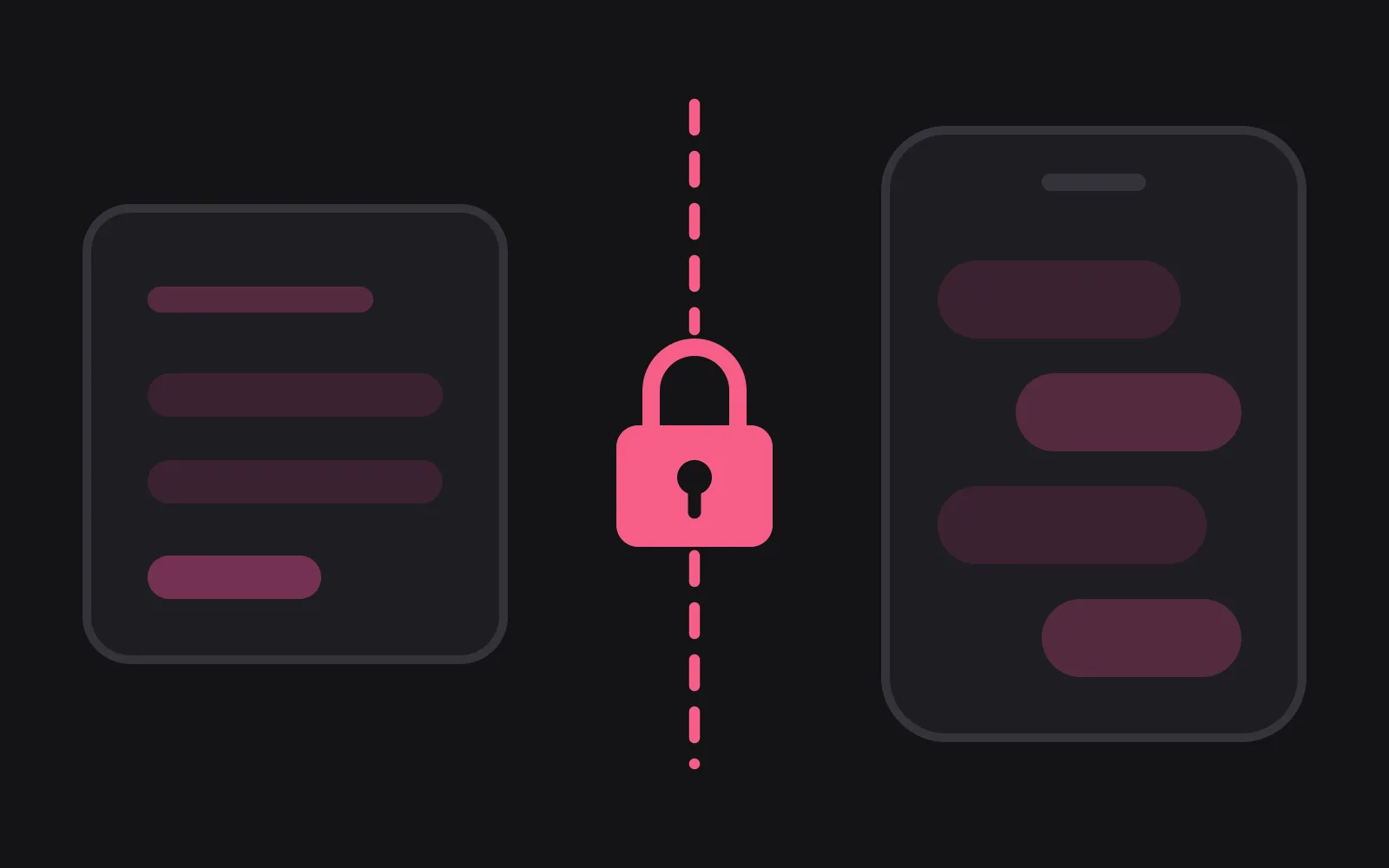 A sign-up form on the left and a phone full of chat bubbles on the right, with a locked gate on a dashed line standing between them