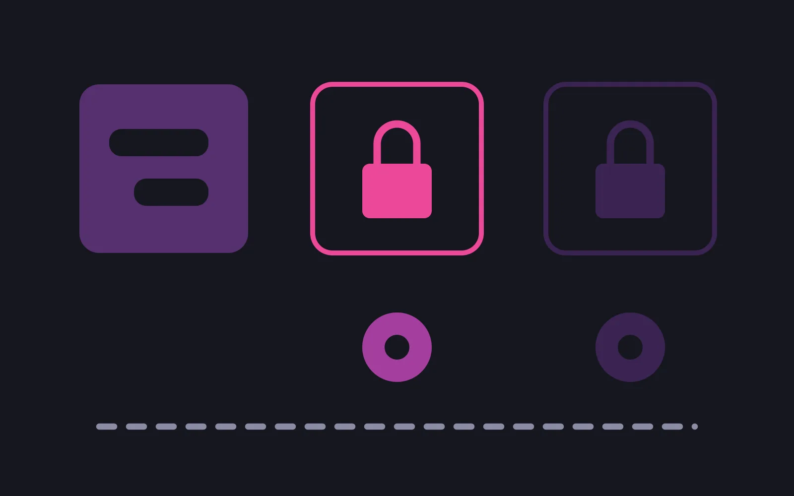 Three large slot cards in a row: the first filled with two small chat bubbles, the second and third drawn as empty outlines holding padlocks, with a coin beneath each of the two empty ones and none beneath the first