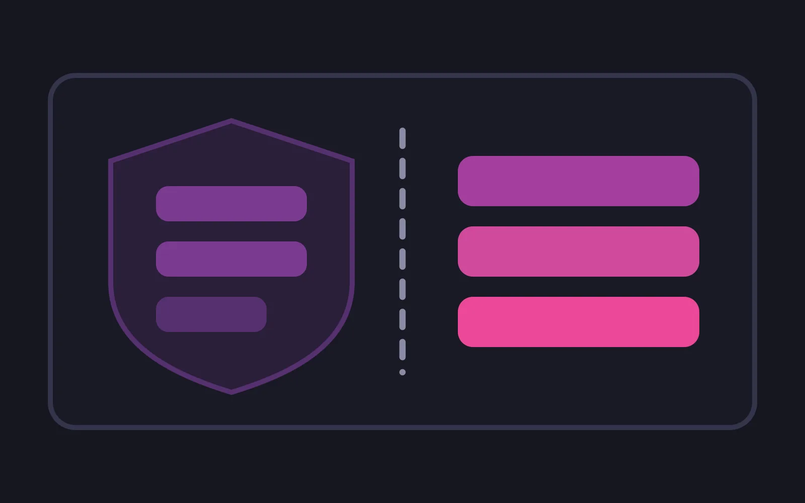 A wide surface panel split by a dashed vertical line, with a shield on the left holding three pale bars and three unguarded bars on the right in deepening pink, the lowest the brightest