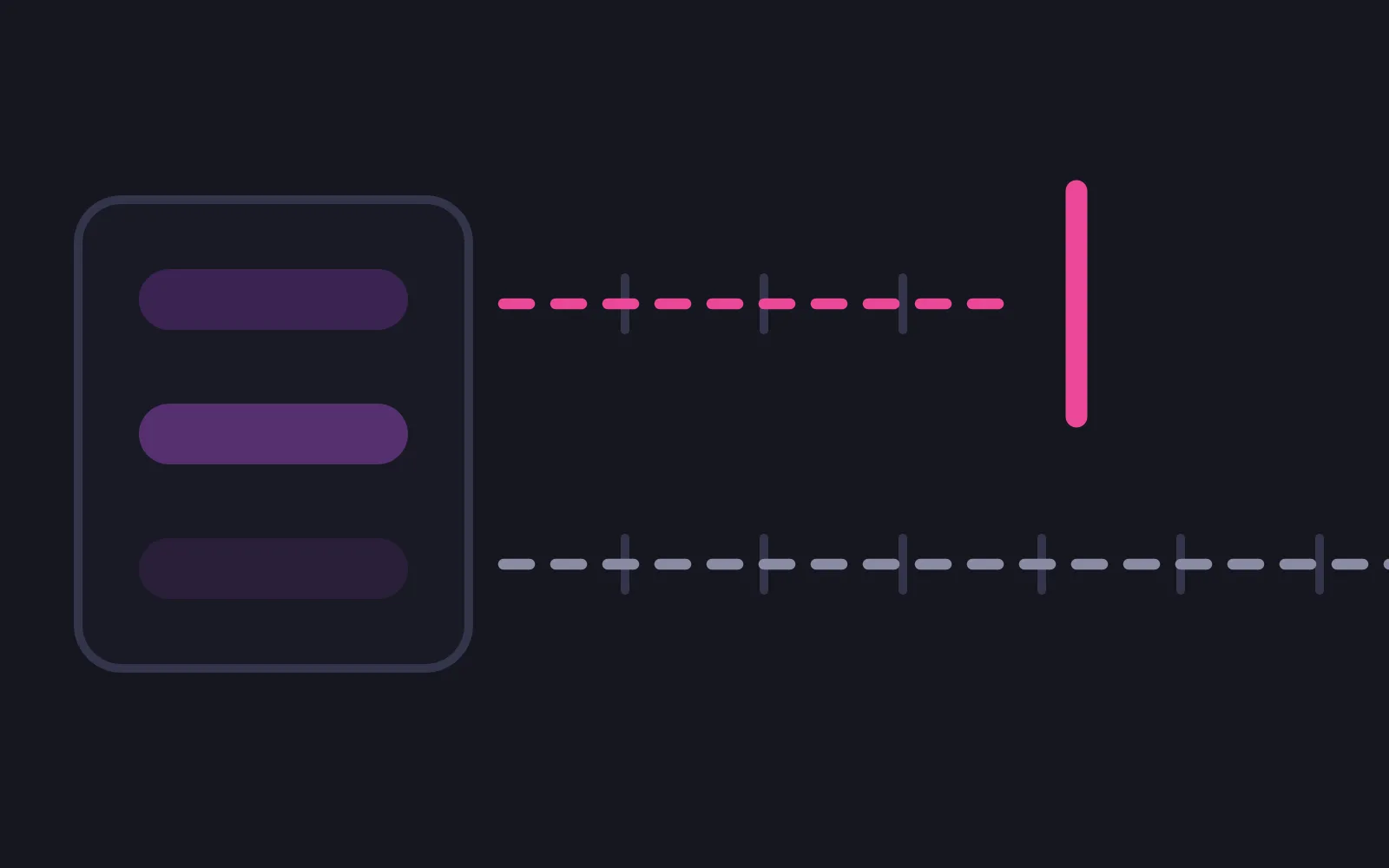 A surface panel of pale chat bubbles on the left with two dashed tracks running right, the upper one stopping at a short solid bar in the deepest pink and the lower one continuing past the edge of the frame