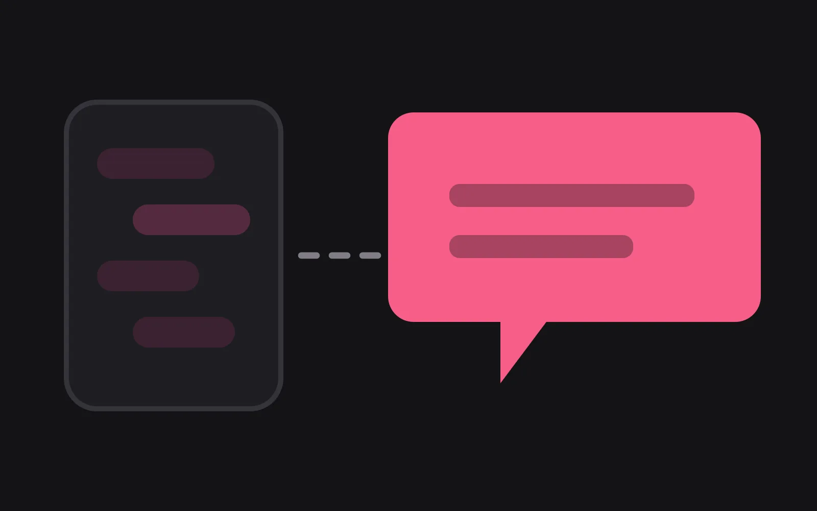 A quiet phone frame on the left, a dashed line stepping across to a large speech bubble in the deepest colour, standing for the conversation you have with a person rather than the app