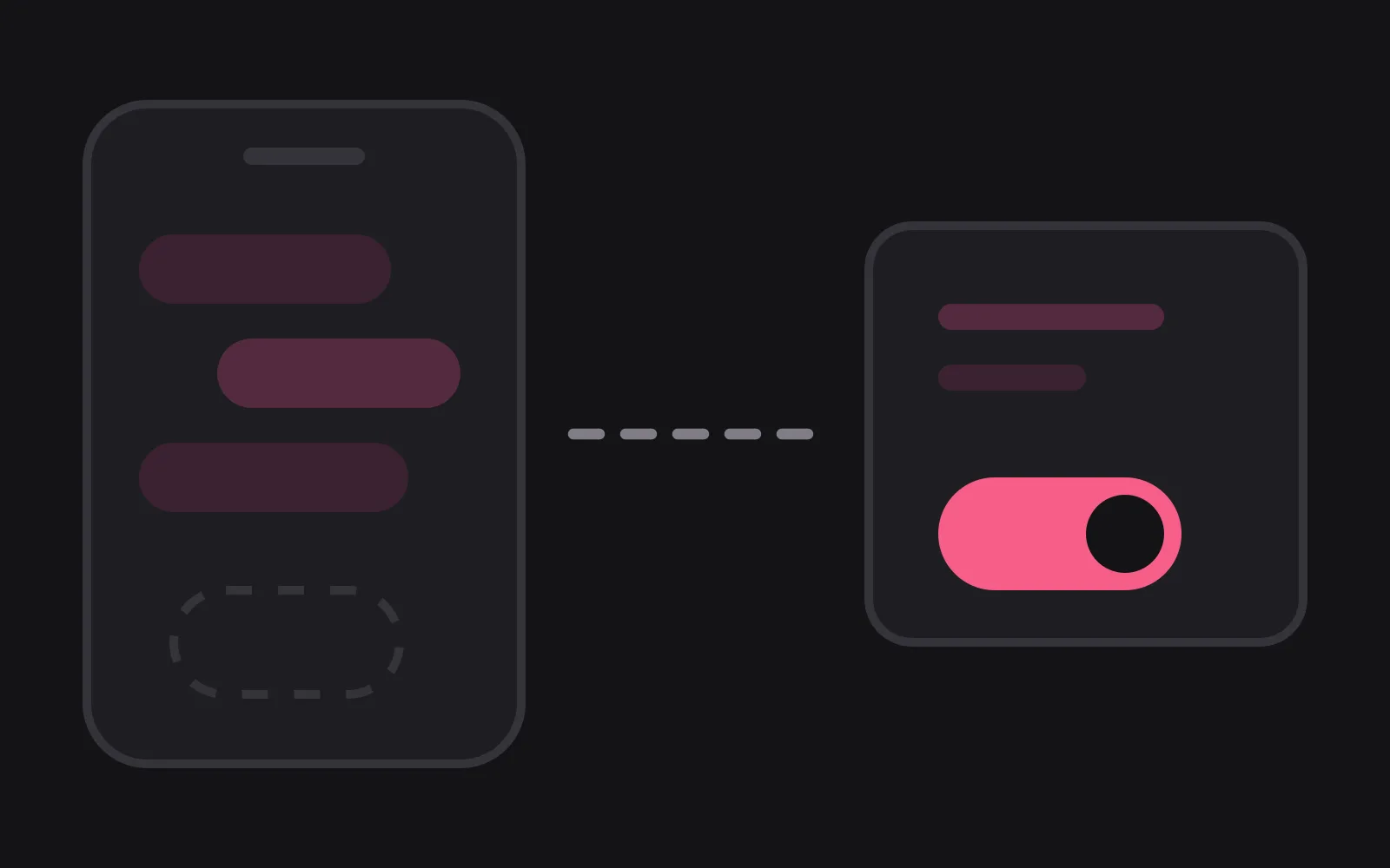 A phone with chat bubbles and an empty dashed outline where a switch would be, connected by a dashed line to a separate box holding a switch drawn in the deepest colour