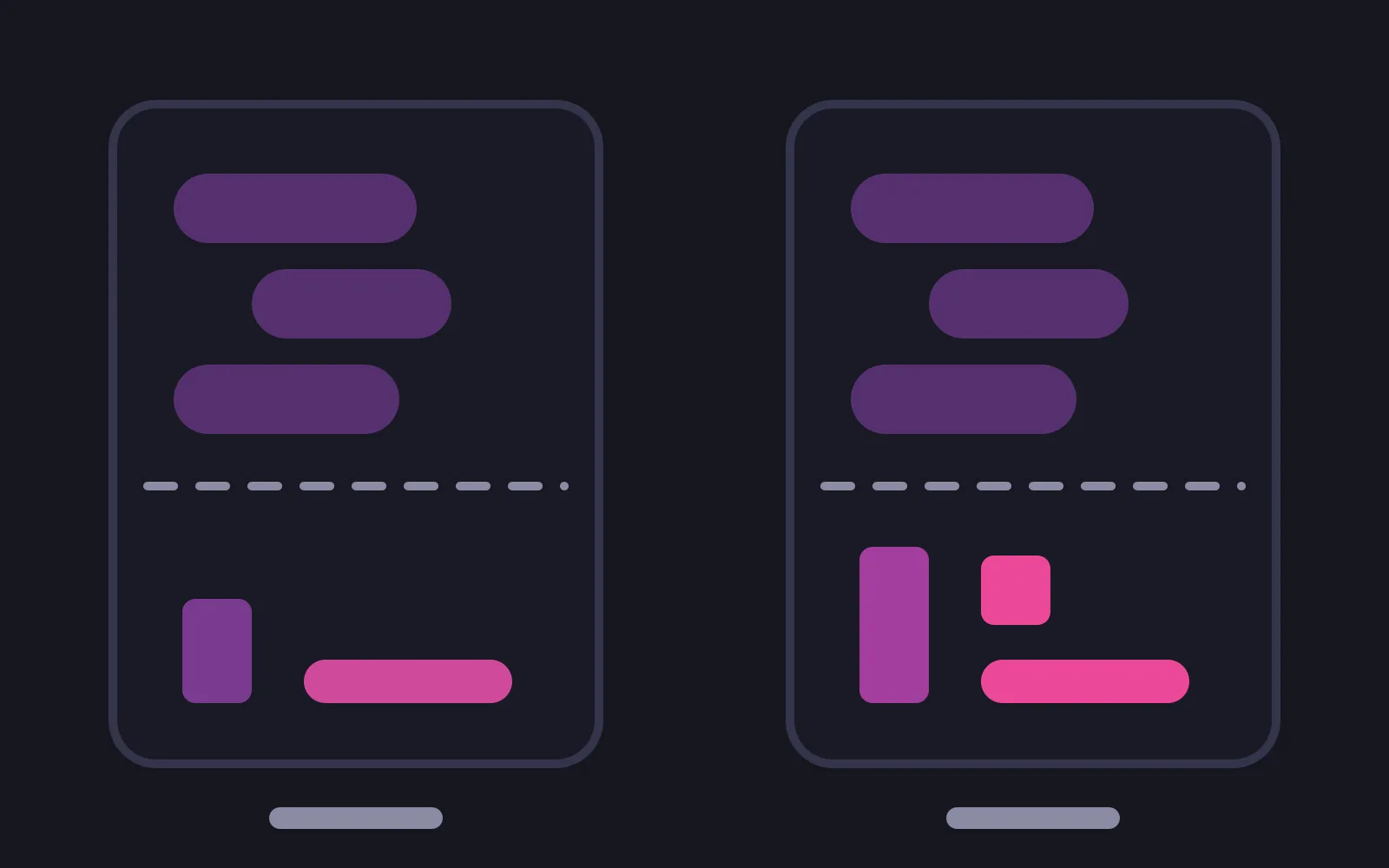 Two phone frames holding the same three chat bubbles, with a different billing panel drawn beneath each, the right one in the deepest colour