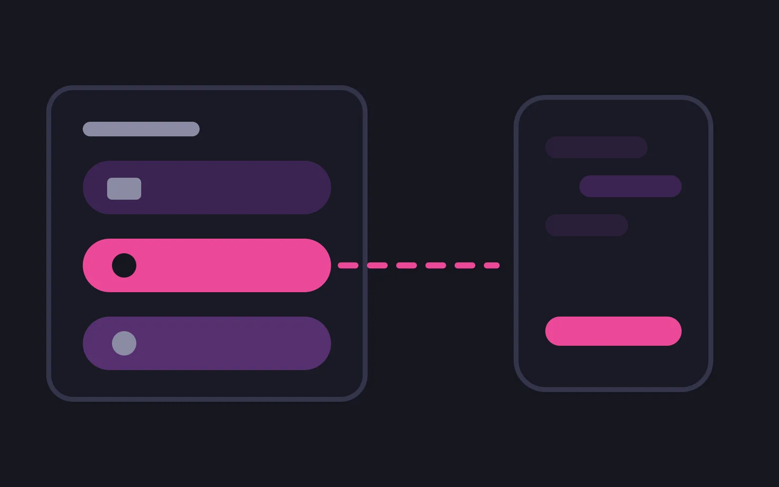 Three stacked rounded bars on a dark panel with the middle one filled deep pink, a dashed pink line running from it into a phone frame on the right where a matching pink bar sits below three pale chat bubbles