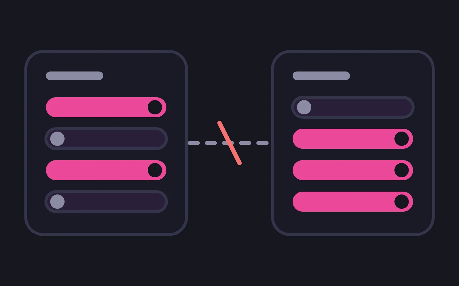 Two phone frames each holding four toggle rows, with different rows filled deep pink in each, and a dashed line between them cut by a short red diagonal bar