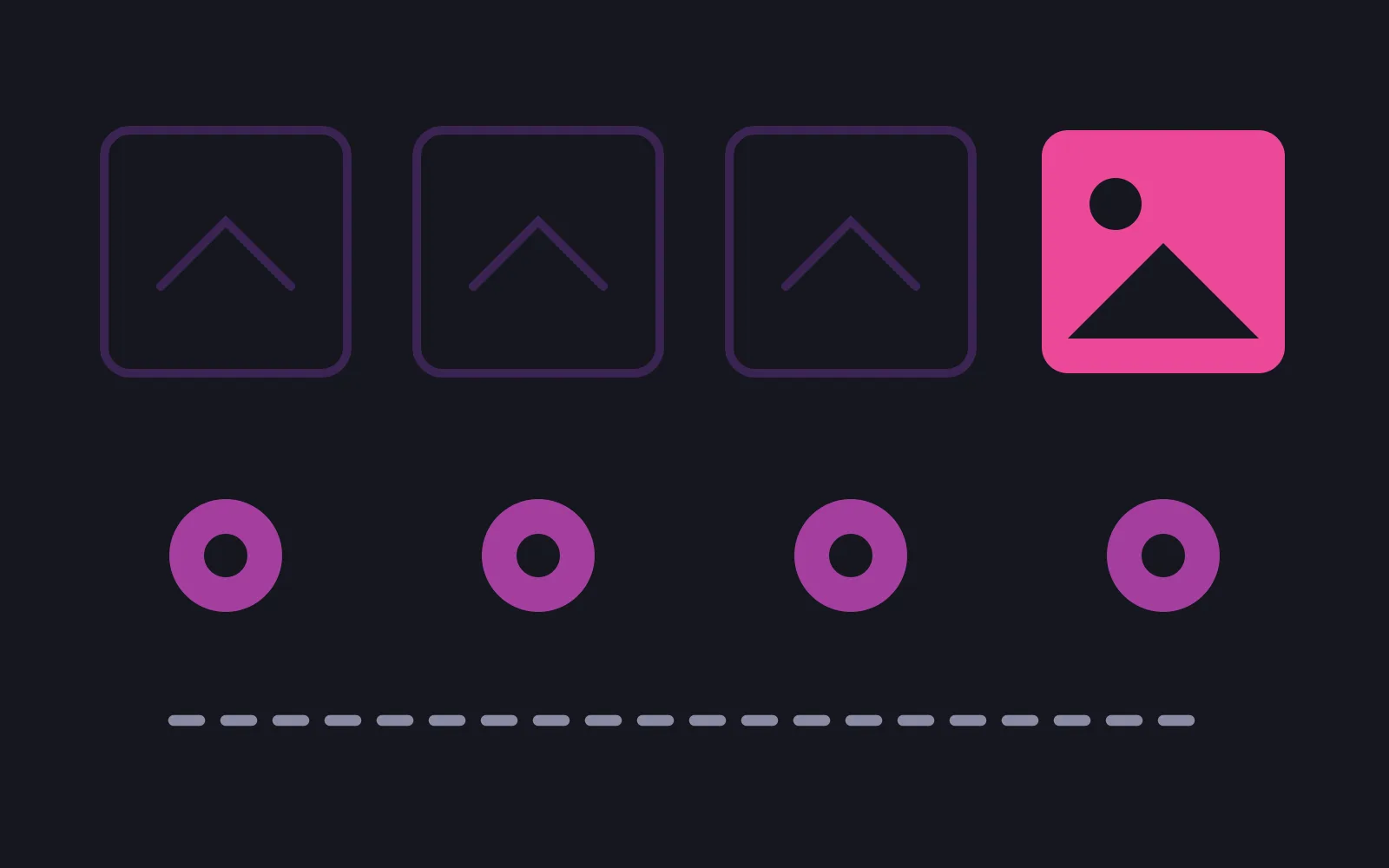 Four image tiles in a row: three drawn as empty outlines and the fourth filled in bright pink, with an identical coin beneath every one of the four