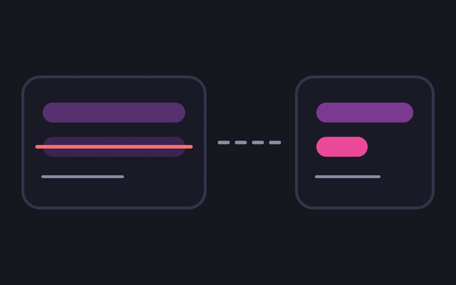 Two chat bubbles side by side: the left one holds a long bar crossed through in the warning colour, the right one holds a short chip in the deepest colour, standing for swapping an identifying detail for a role