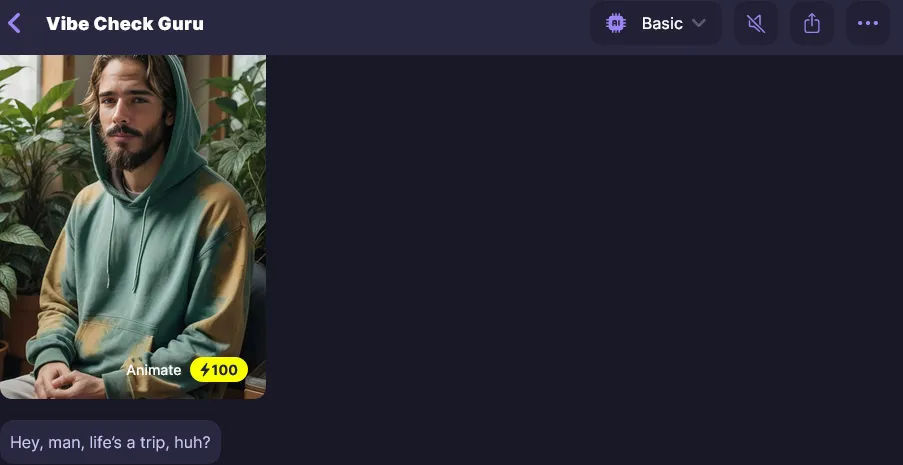 Botify chat with a humor bot, its photo showing an Animate button priced at 100 Energy, and a Basic model picker at the top
