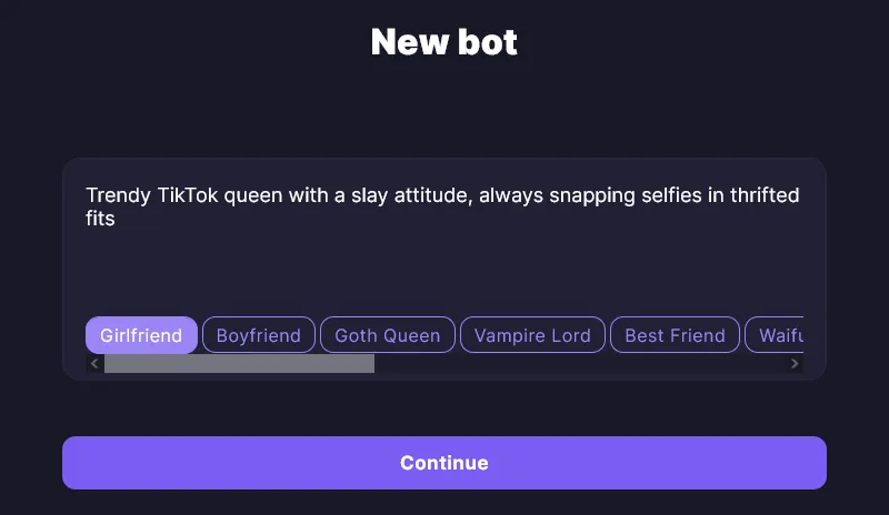 Botify New bot screen with a suggested personality line and type chips such as Girlfriend, Boyfriend, Goth Queen and Vampire Lord