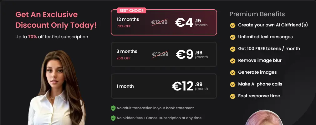 Plan picker in euros: 12 months at €4.15 a month marked Best choice, 3 months at €9.99, 1 month at €12.99, and a benefits list