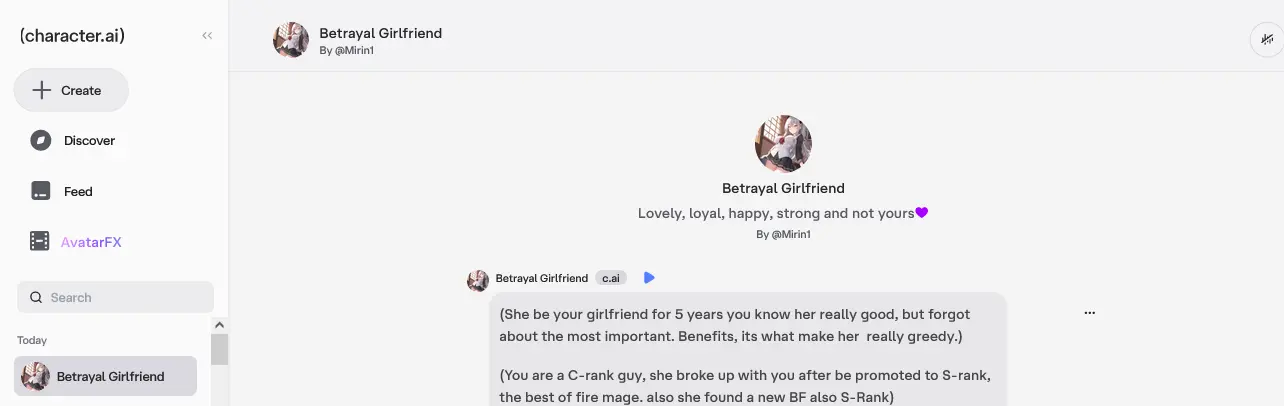 Character AI chat view with a user-made role-play character, its tagline and a scenario opening message, with the sidebar on the left