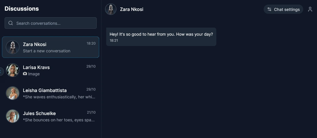 Discussions list with a search box and four chats, an open chat showing a created character's greeting, and a Chat settings button