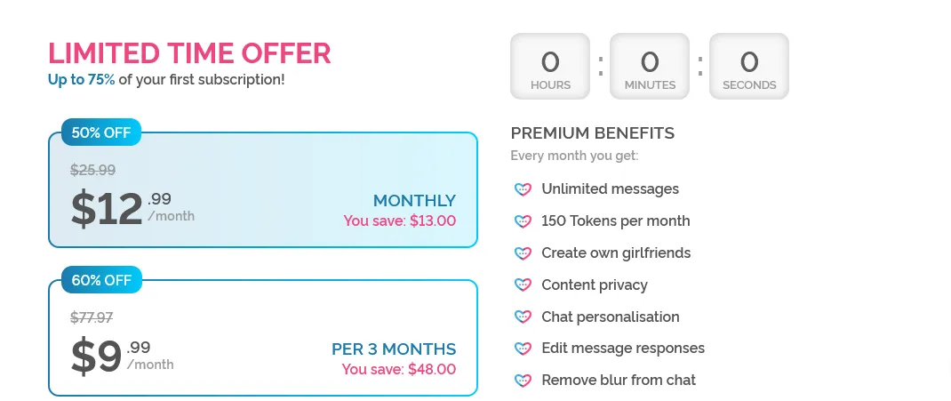 DreamGF limited-time offer with $12.99 monthly marked 50% off $25.99, $9.99 a month for three months, a countdown timer and a benefits list
