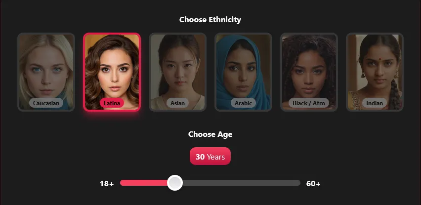 FantasyGF creator step with six ethnicity options, one selected, and an age slider from 18+ to 60+ set at 30