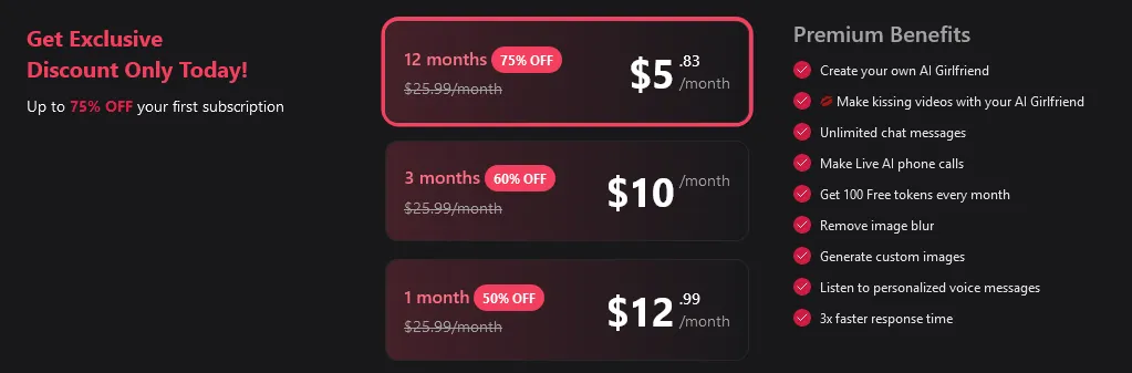 FantasyGF pricing with 12 months at $5.83 a month, 3 months at $10 and 1 month at $12.99, each struck from $25.99, beside a benefits list