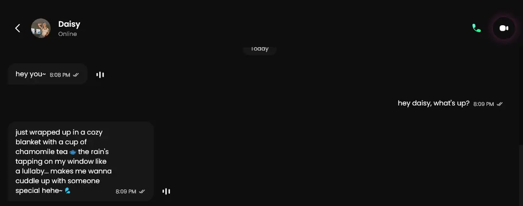 Chat with a character named Daisy, marked online, with short casual messages, timestamps, voice play icons, and phone and video icons at the top