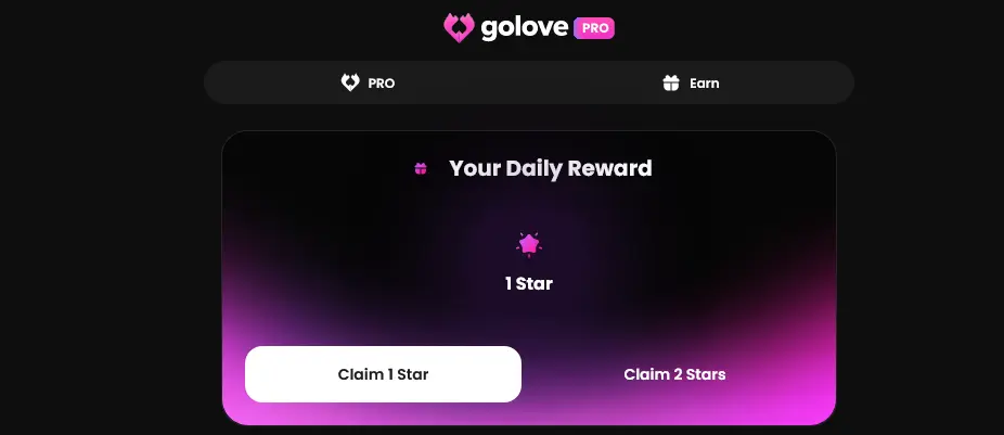 Your Daily Reward card under PRO and Earn tabs, showing 1 Star with Claim 1 Star and Claim 2 Stars buttons