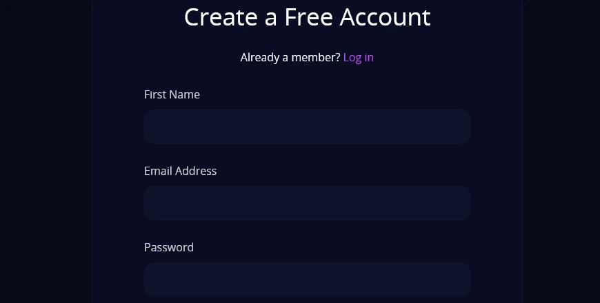 HeraHaven Create a Free Account form with First Name, Email Address and Password fields and a Log in link