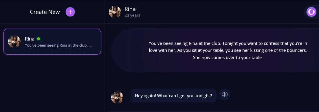HeraHaven chat screen with a chat list on the left and a scene card set in a club above the character's first message and a speaker icon
