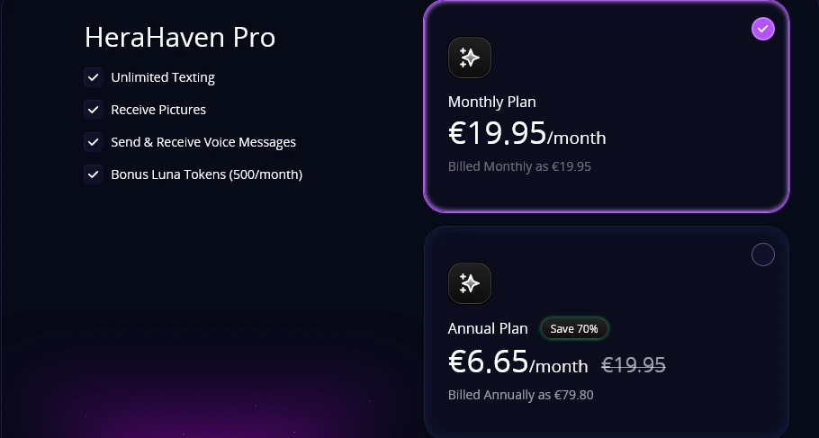 HeraHaven Pro pricing with a monthly plan at 19.95 euros and an annual plan at 6.65 euros a month billed as 79.80, beside a benefits list