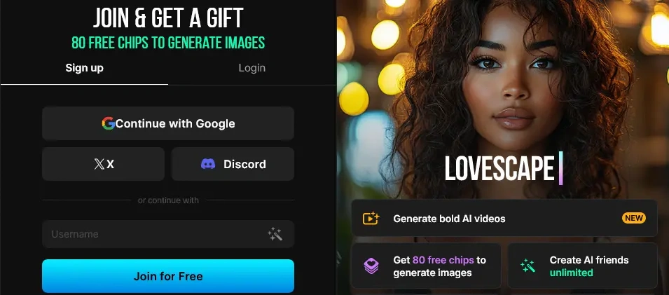 Lovescape sign-up panel offering 80 free chips, with Google, X and Discord buttons, a username field and a Join for Free button