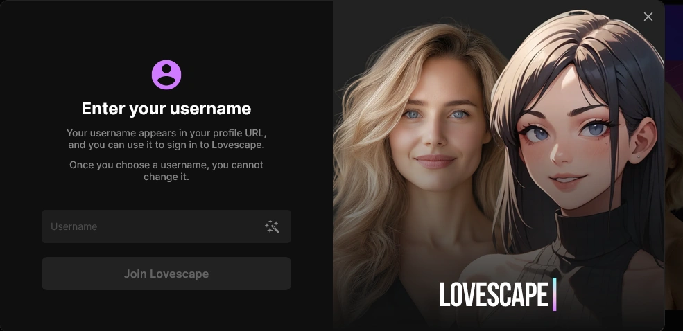 Lovescape Enter your username dialog explaining that the username appears in the profile address and cannot be changed