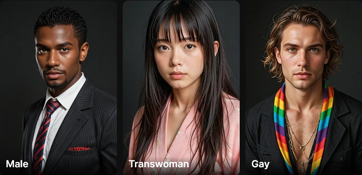 Lovescape category tiles labelled Male, Transwoman and Gay