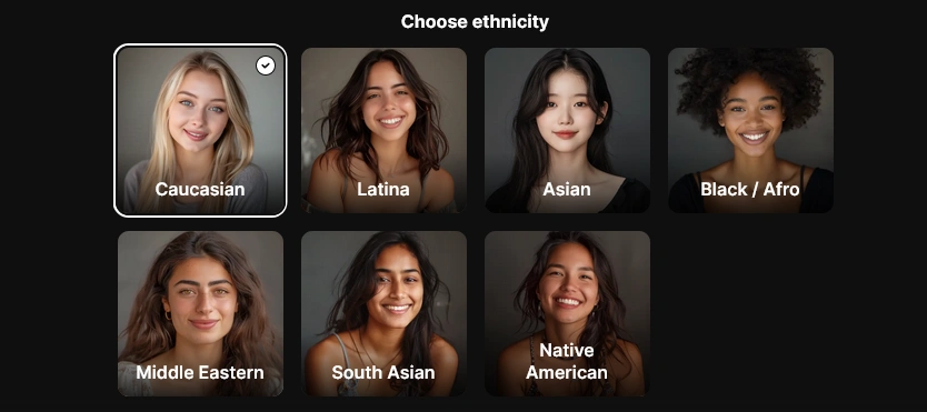 Lovescape creator step titled Choose ethnicity, with seven labelled options in a grid