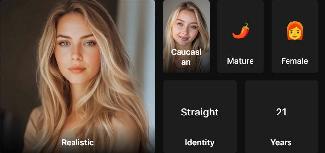 Lovescape creator summary listing the choices made: Realistic style, Mature mode, Female, Straight identity and an age of 21