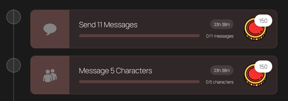 Luvr AI Daily Challenges: Send 11 Messages and Message 5 Characters, each worth 150 coins, with progress bars and a countdown
