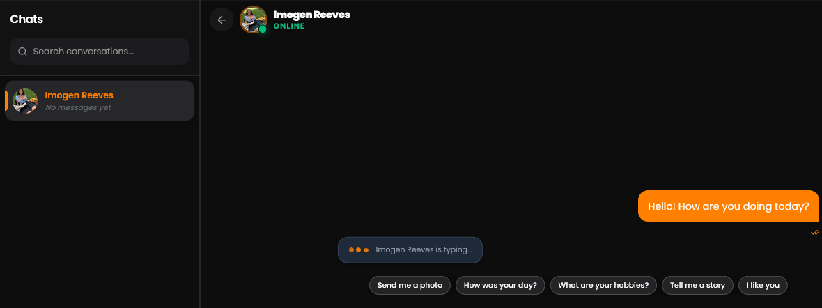 A chat window with one sent greeting, a typing indicator from the companion and a row of quick-reply chips such as Send me a photo and Tell me a story