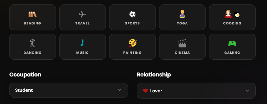 A creator step with hobby tiles from Reading to Gaming, an Occupation menu set to Student and a Relationship menu set to Lover
