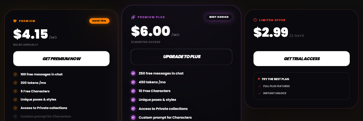 Three plan cards: Premium at $4.15 a month billed annually, Premium Plus at $6.00 a month for 12 months, and a $2.99 two-day trial, each with a feature list