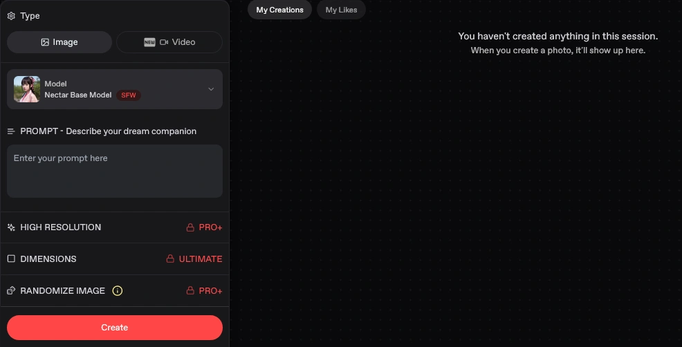 Generator panel with Image and Video tabs, a base model marked SFW, a prompt box, and locked high resolution, dimensions and randomize settings