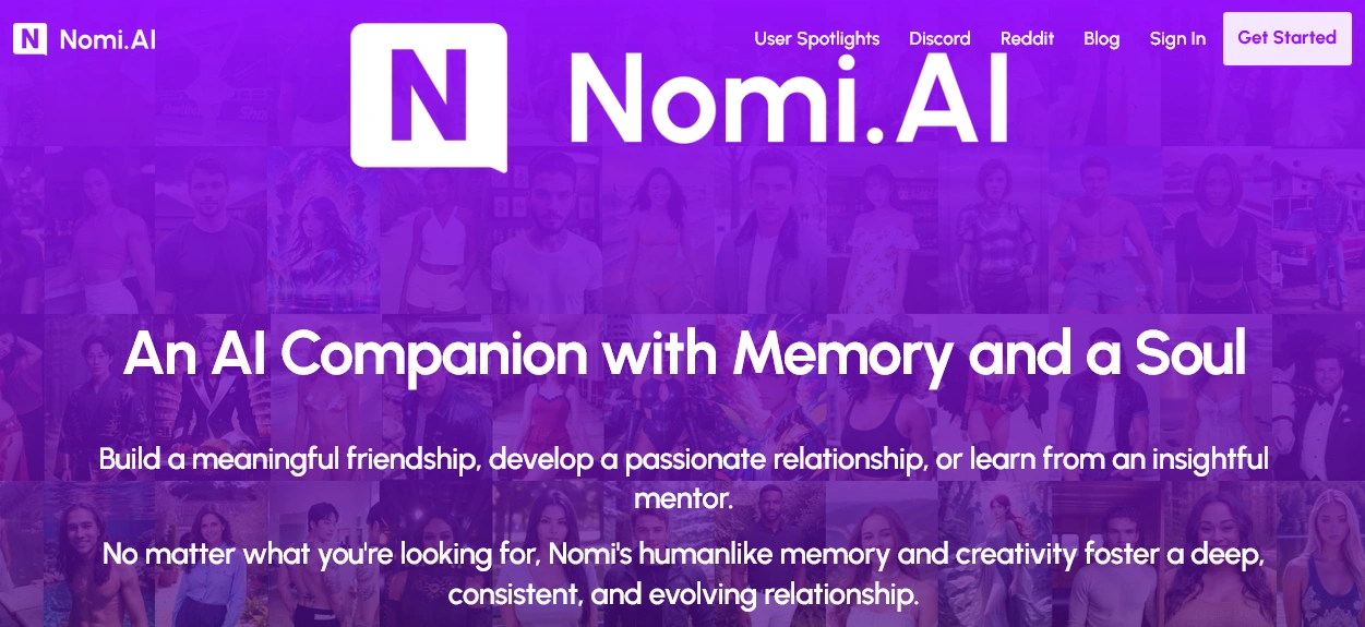 Nomi AI landing page with its logo, a headline about memory, and Sign In and Get Started buttons
