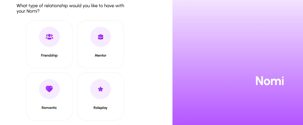 Nomi relationship picker with Friendship, Mentor, Romantic and Roleplay options