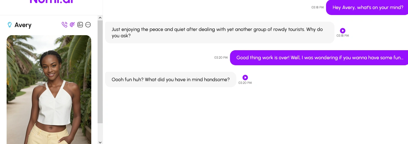 Nomi chat window with the companion's photo, call, art and image icons, and replies that each have a voice play button