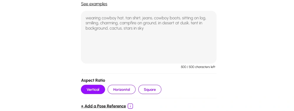 Nomi Make Art prompt box with a 500 character limit, Vertical, Horizontal and Square buttons and an Add a Pose Reference link