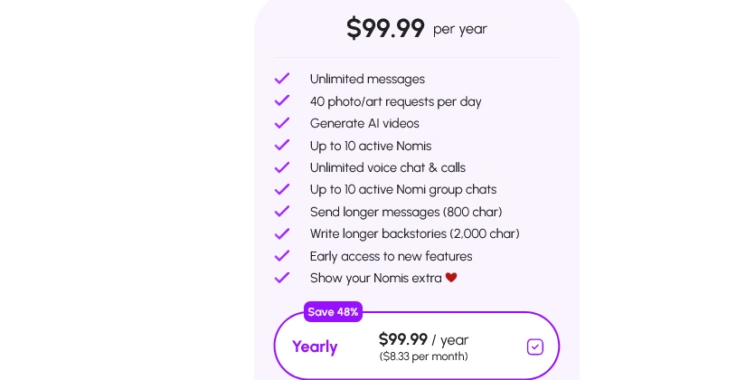 Nomi yearly plan card at $99.99 a year, about $8.33 a month with a 48% saving, above a list of included features