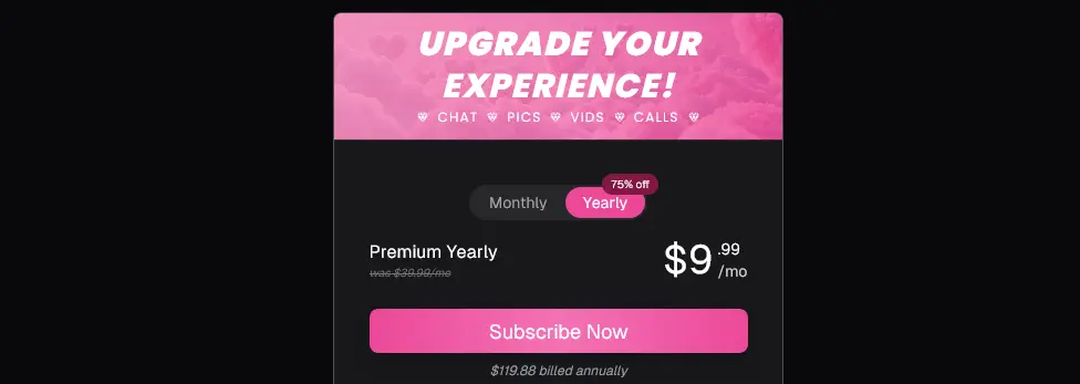 Upgrade window with a Monthly and Yearly toggle, Premium Yearly at $9.99 a month, $119.88 billed annually, and a Subscribe Now button