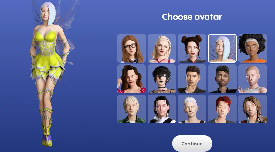Replika's Choose avatar screen with a grid of 15 preset 3D looks and the fairy look selected