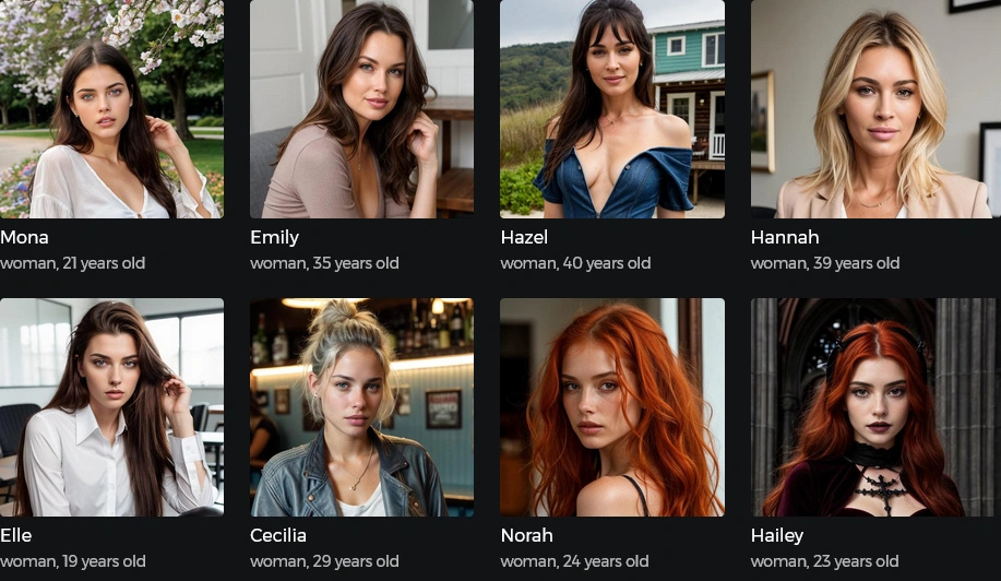 A grid of eight ready-made female companions, each card with a first name and an age between 19 and 40