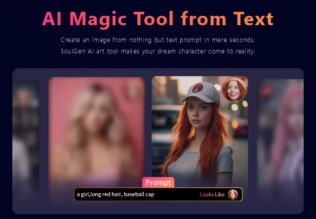 A promo panel titled AI Magic Tool from Text, showing a generated portrait made from a short text prompt, with a Looks Like reference face chosen
