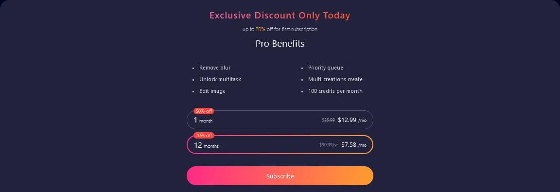 The Pro plan panel listing benefits such as a priority queue and 100 credits per month, with 1-month and 12-month prices and a Subscribe button